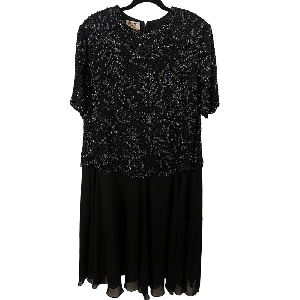 Brilliante by JA Beaded Midi Dress 2X Vintage Art Deco Sequin Black Chiffon